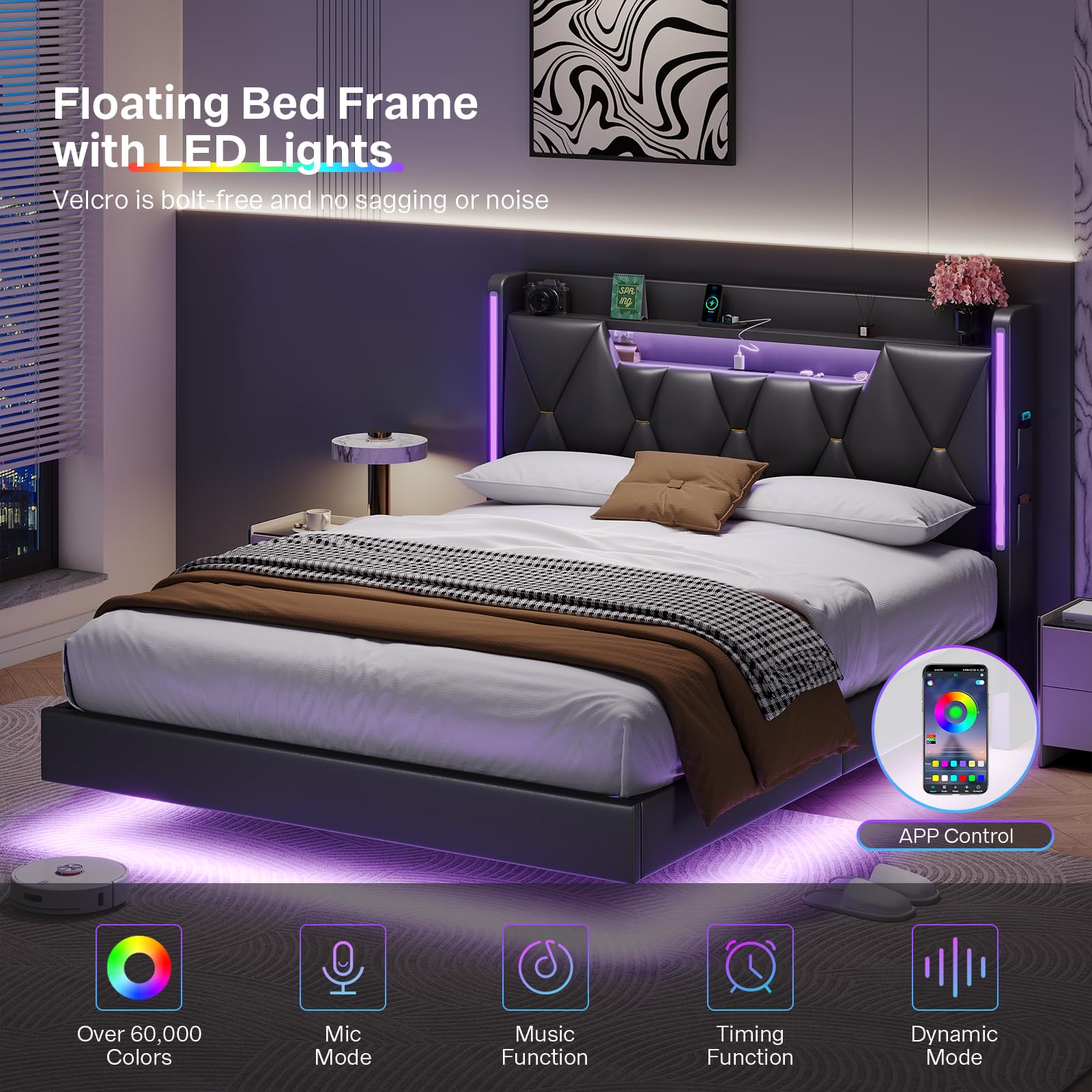 Floating Queen Bed Frame with LED Lights & Storage Headboard