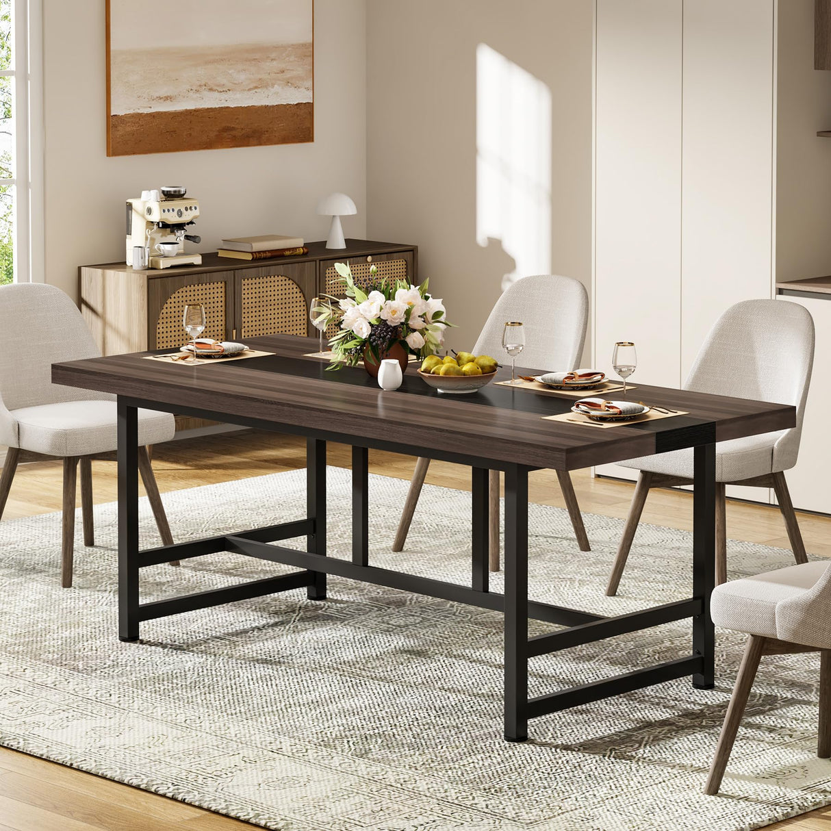 Dining Table for 6-8, 70" Rustic Kitchen Table with Metal Frame