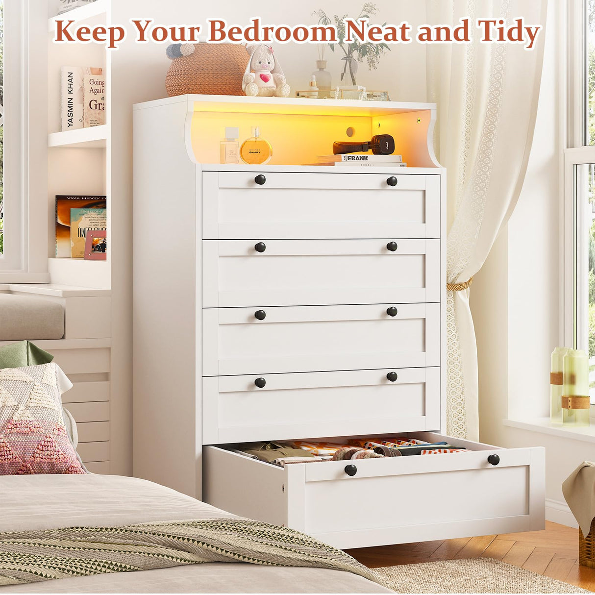 EnHomee Dresser for Bedroom White Dresser with LED Tall Dresser with 5 Wood Drawers White Dresser for Bedroom, Bedroom Dressers & Chests of Drawers, 5 Drawer Dresser, Tall Dressers for Bedroom