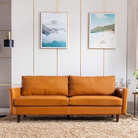 80'' Faux Leather Sofa Couch, Mid-Century Modern Sofa with Solid Wooden Frame