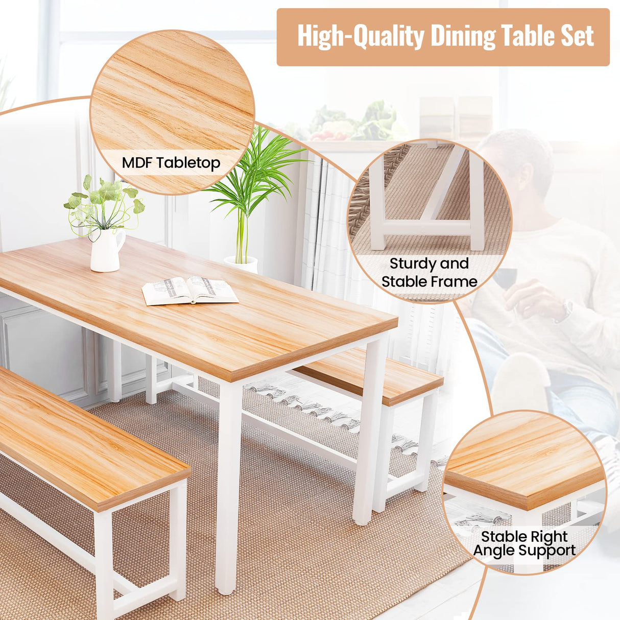 Dining Table Set for 4 Kitchen Table Set with 2 Dining Benches, 3 Piece Farmhouse Dining