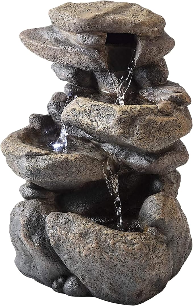 13" Tall Indoor 4-Tier Cascading Tabletop Fountain with LED Lights, Gray