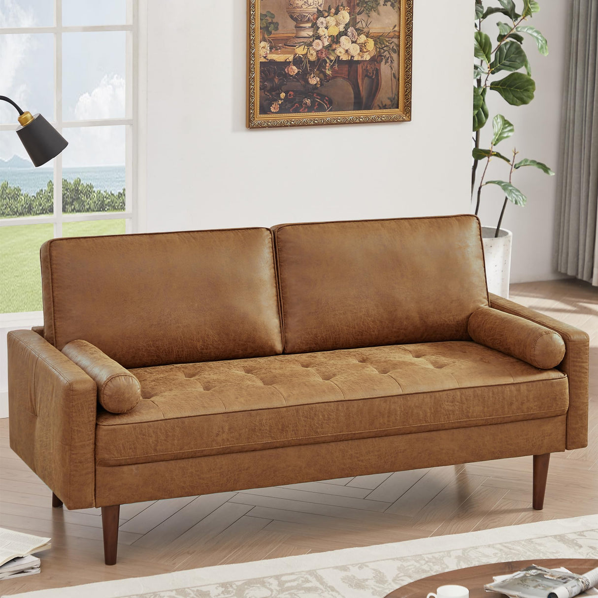 Sofa Couch Set for Living Room, Mid Century Modern Faux Leather Sofa