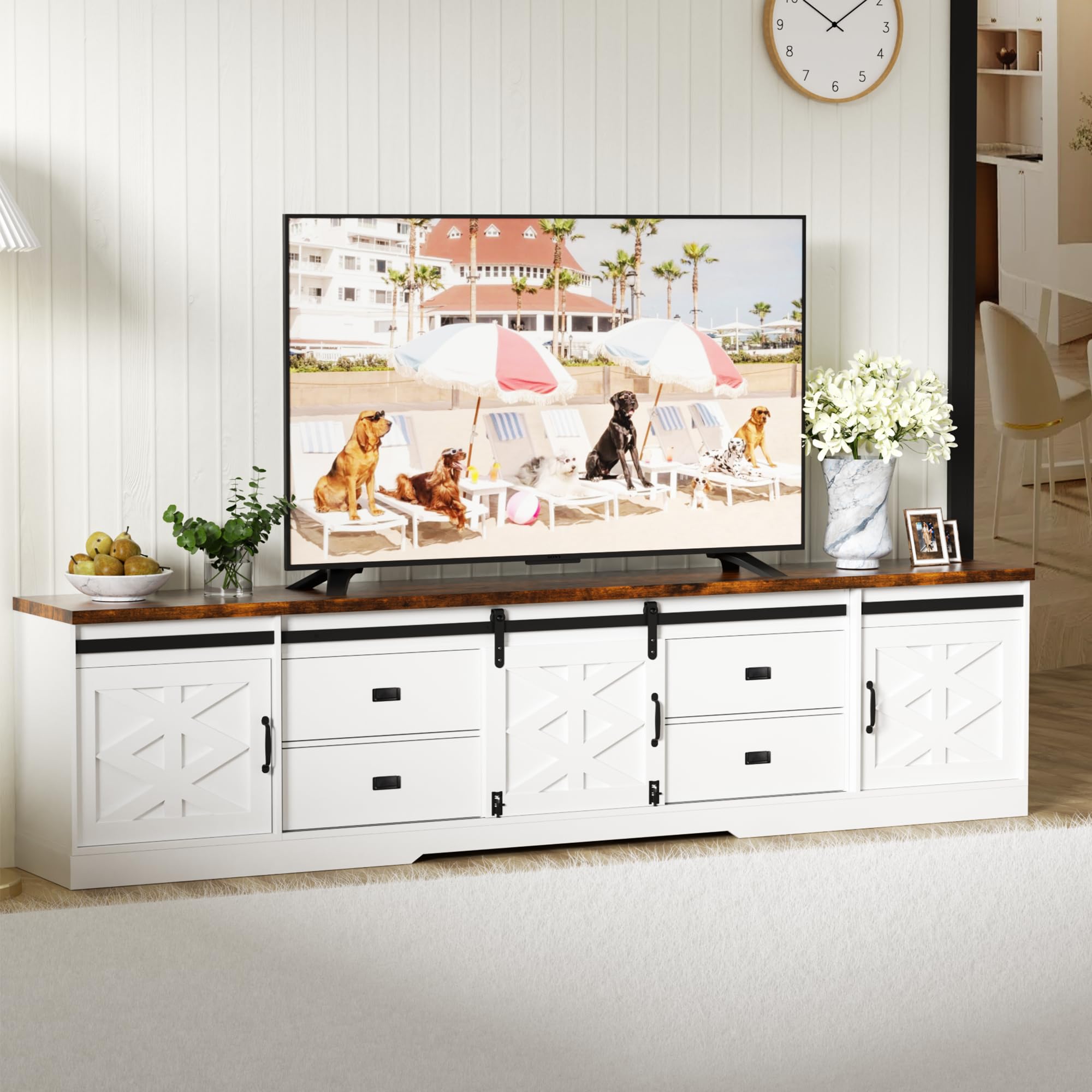 QUNTTINA 98" Farmhouse TV Stand for 100+ Inch TVs Entertainment Center with Storage Cabinets Large Mid Century Modern Media Console Table TV Cabinet for Living Room,Bedroom,White and Brown