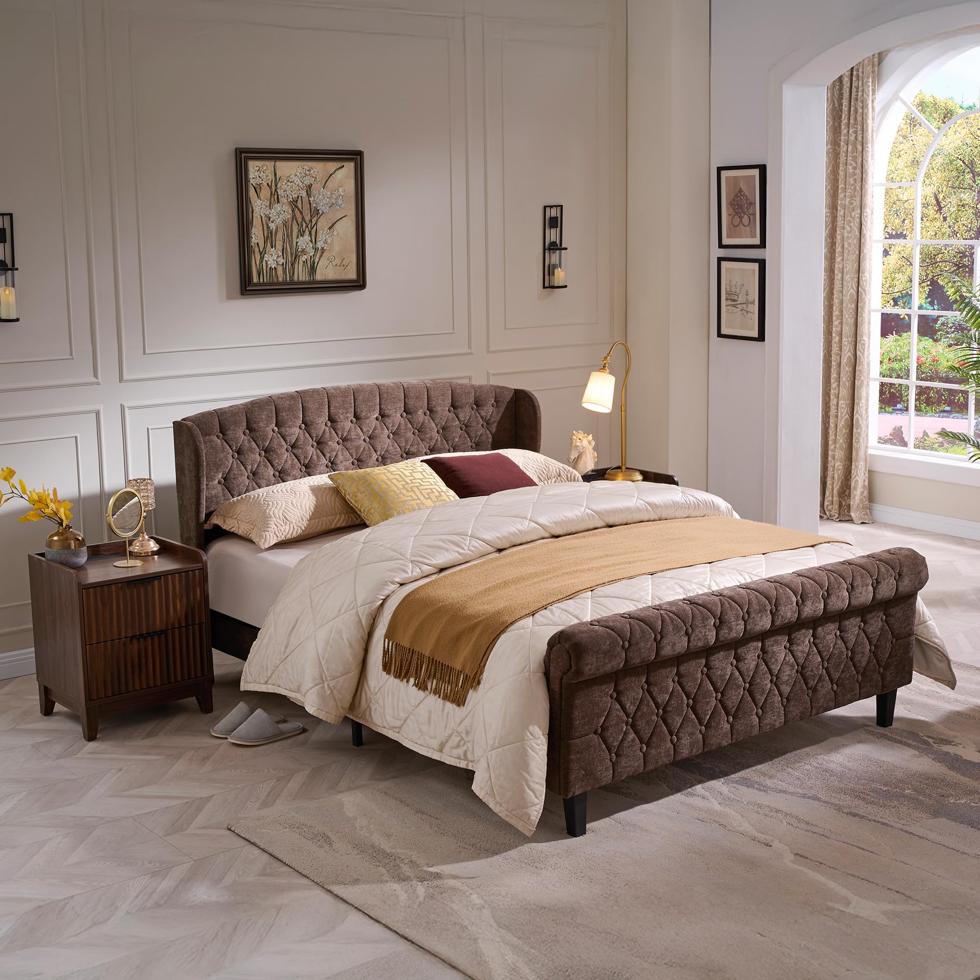 Queen Size Sleigh Bed Frame with Wingback Headboard