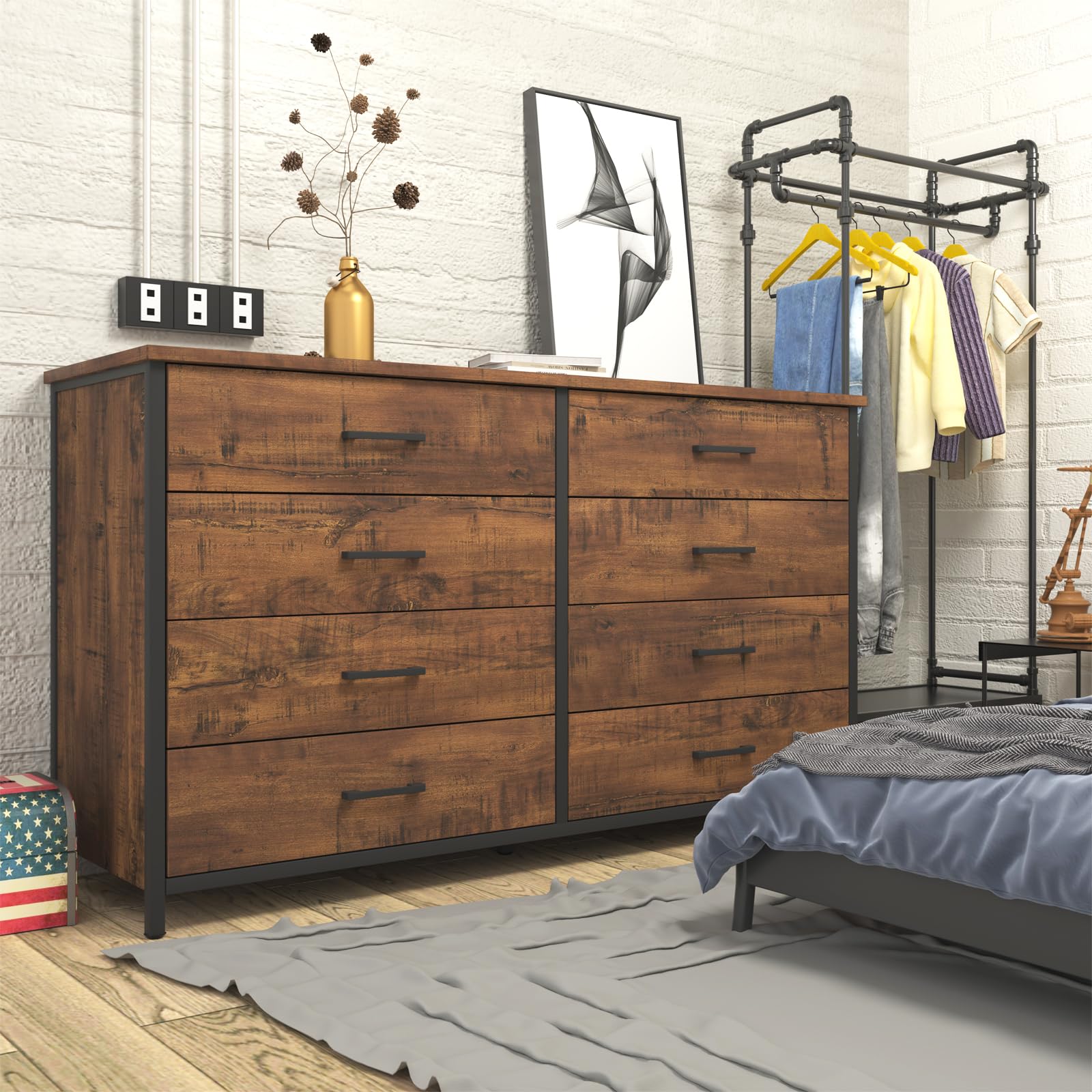 8 Drawer Double Dresser, 55 inch Industrial Wood Storage Dressers & Chests of Drawers