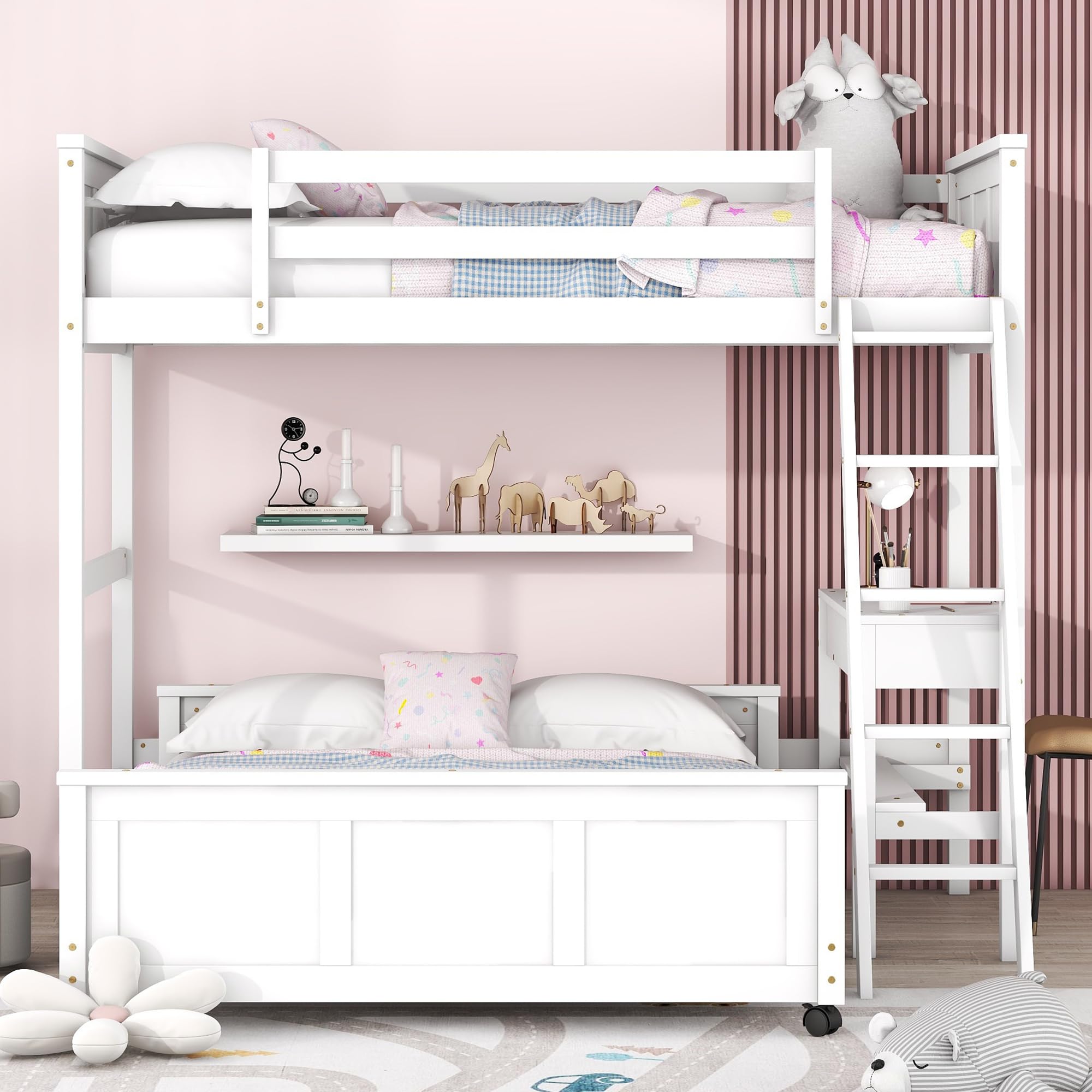 Twin Over Full Bunk Beds with Desk and Drawers