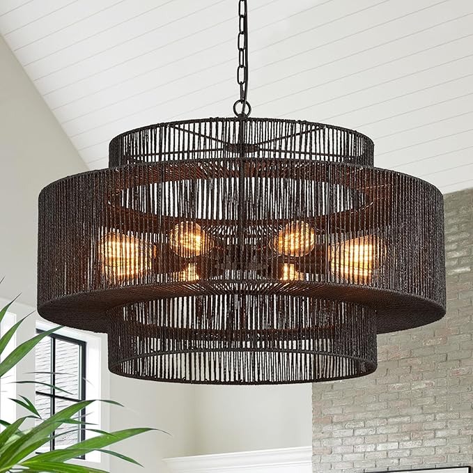 Widluth Hand-Woven Rattan Chandelier Vintage 6-Light Farmhouse Boho Bamboo Chandeliers Light Fixture 23.6" Retro 3-Tier Drum Wicker Rattan Black Chandelier for Dining Room, Kitchen Island, Bedroom