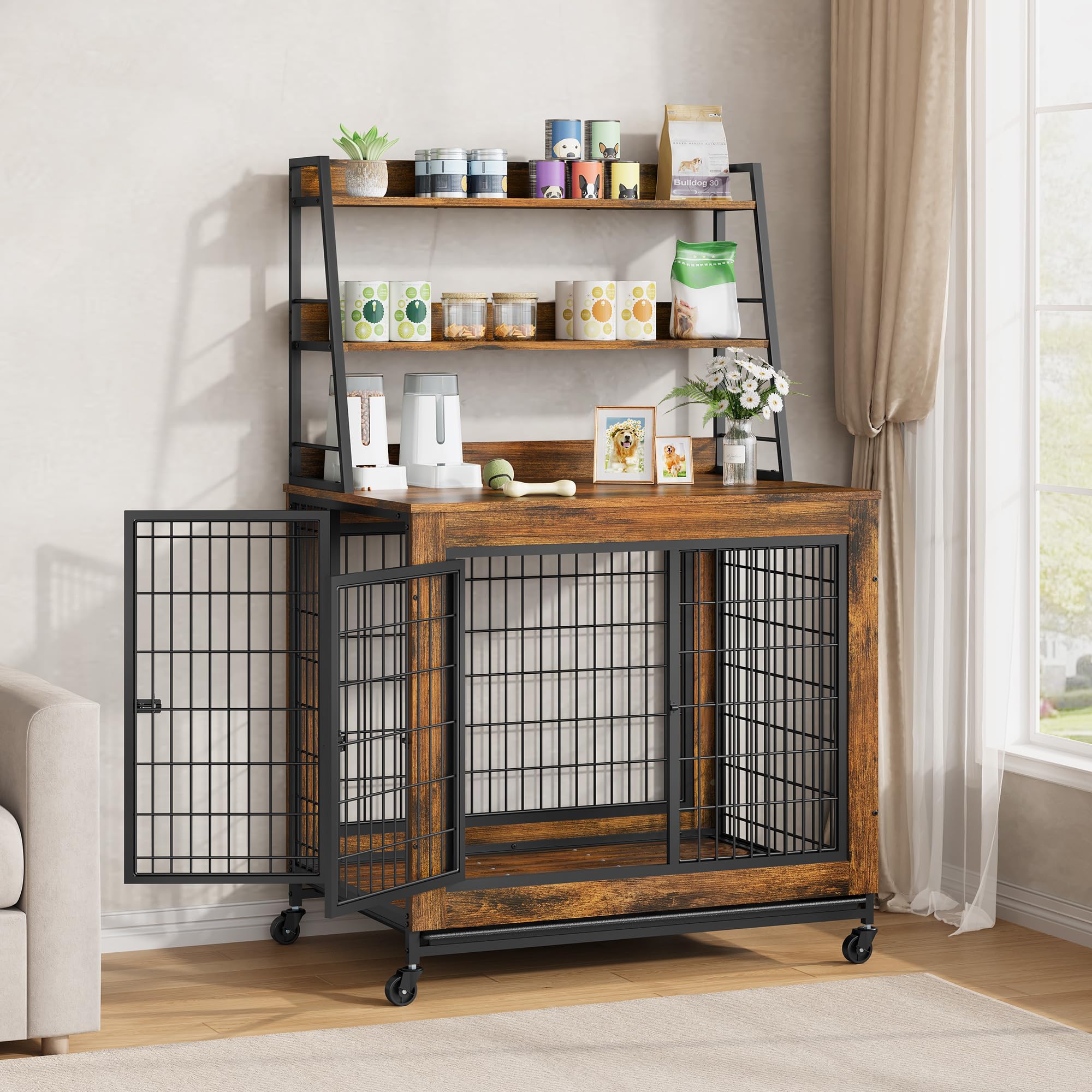 Large Dog Crate Furniture with Storage Shelves - 38" Wooden Pet Kennel End Table