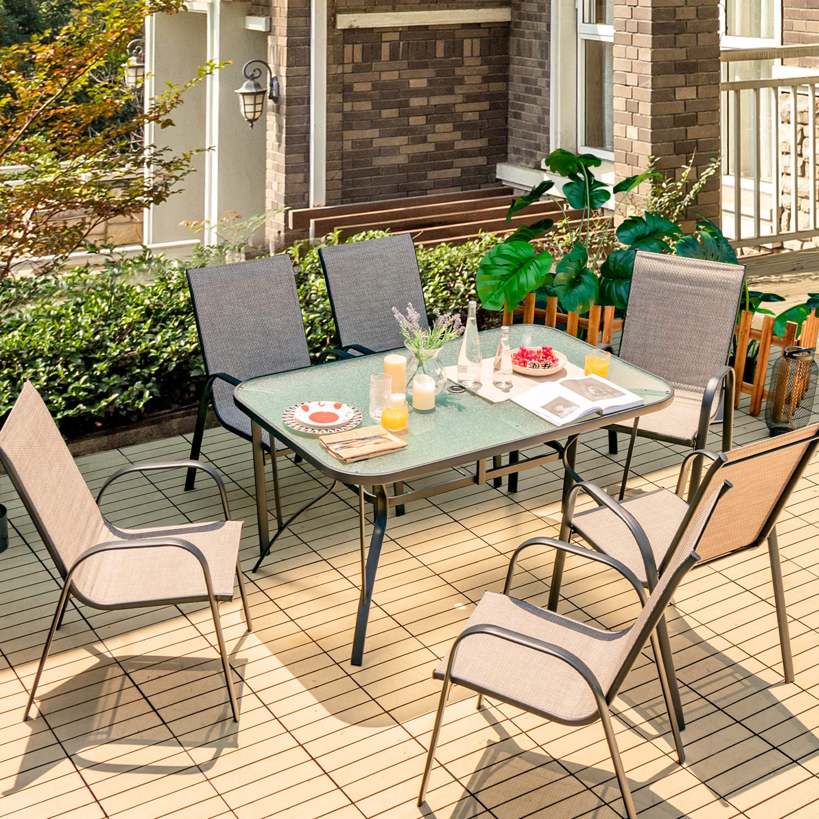 7 Piece Patio Dining Set, Outdoor Dining Table Set with 6 Stackable Chairs
