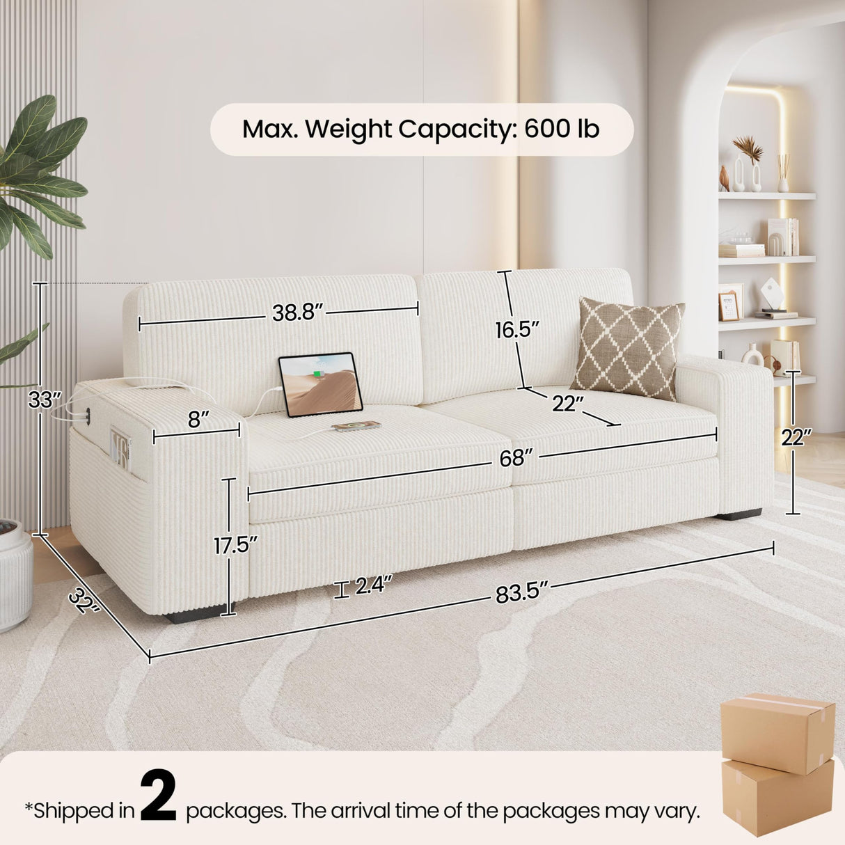 83.5" W Modern Sofa Couch 2 Seater Corduroy Fabric Sofa