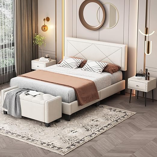 4 Pieces Bedroom Furniture Set, Queen Size Upholstered Bed with Storage Bench and 2 Nightstands