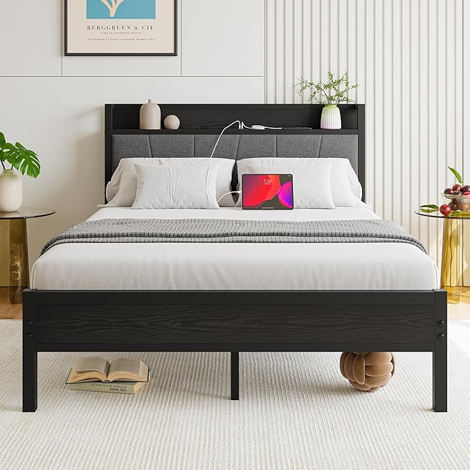 BOFENG Black Full Size Bed Frame with Storage Headboard,Metal Upholstered Platform