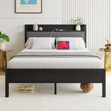 BOFENG Black Full Size Bed Frame with Storage Headboard,Metal Upholstered Platform