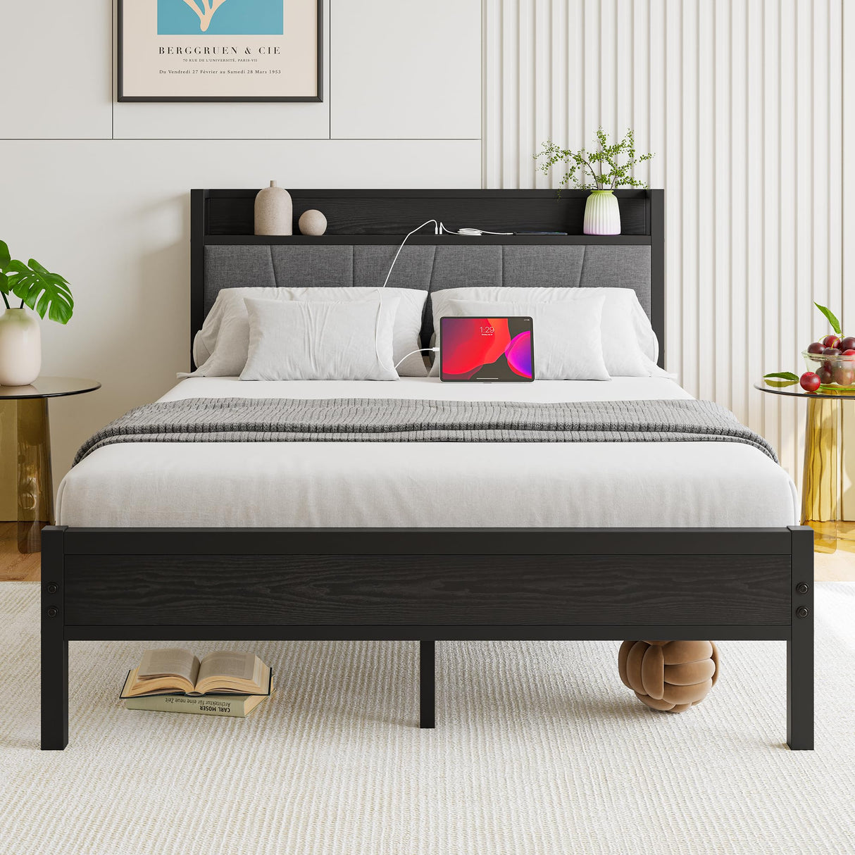 BOFENG Black Full Size Bed Frame with Storage Headboard,Metal Upholstered Platform
