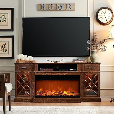 Farmhouse TV Stand with Fireplace, 70'' Entertainment Center Stand with 36" 3-Sided