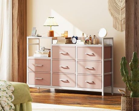 Dresser for Bedroom with Charging Station, 52" Long Dresser with 8 Storage Drawers, Large Fabric Dressers Chests of Drawers with Shelves, Black and Vintage