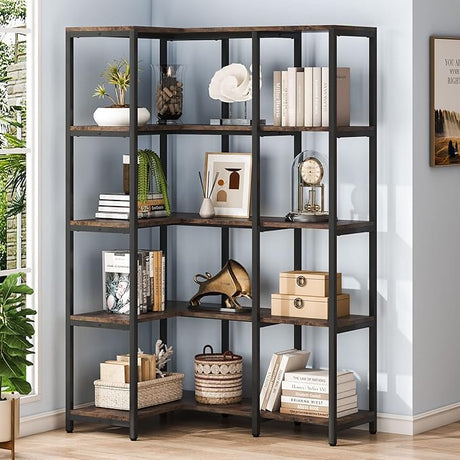 5-Shelf Corner Bookshelf, 67" Tall Industrial Corner Shelf Stand Etagere Bookcase