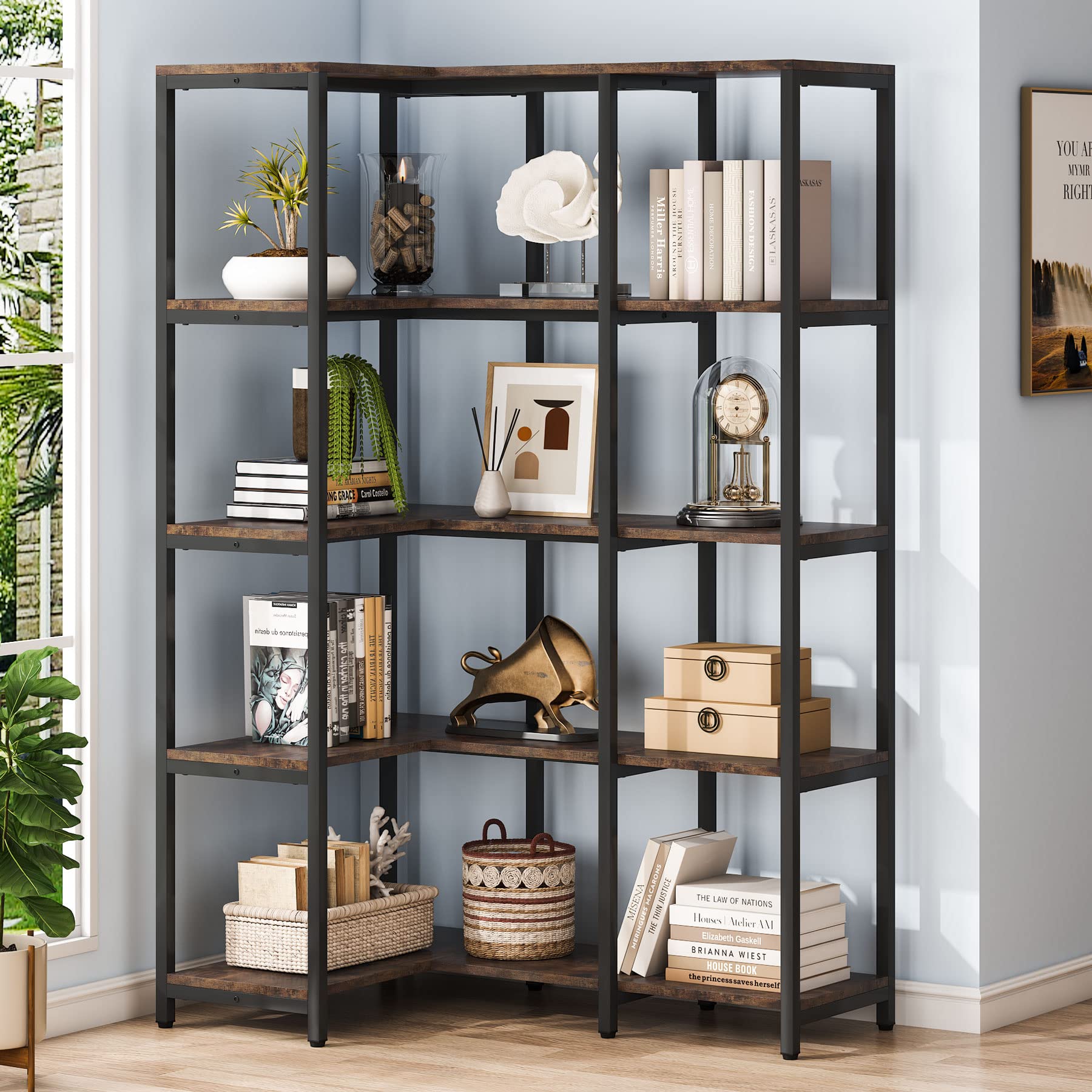 5-Shelf Corner Bookshelf, 67" Tall Industrial Corner Shelf Stand Etagere Bookcase