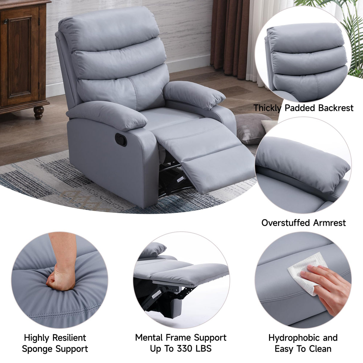 Manual Recliner Chairs for Adults, Lazy Boy Recliner Chair with Tech Cloth,