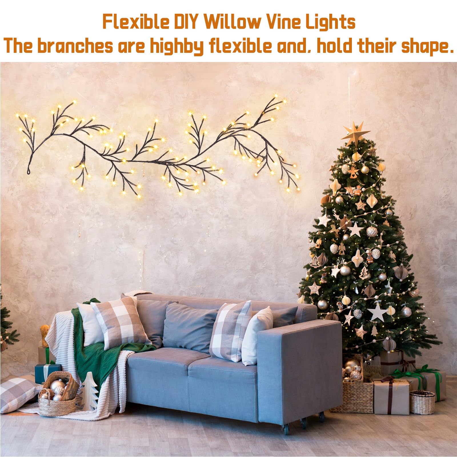 96 LED Willow Vine Lights 6FT Enchanted Wall Decoration Vine Lights 8 Modes for