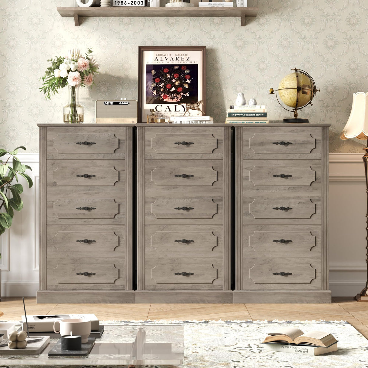 5 Drawer Grey Dresser, 43" Wood Dresser Samll Dresser Chest of Drawers with Large Storage Space,