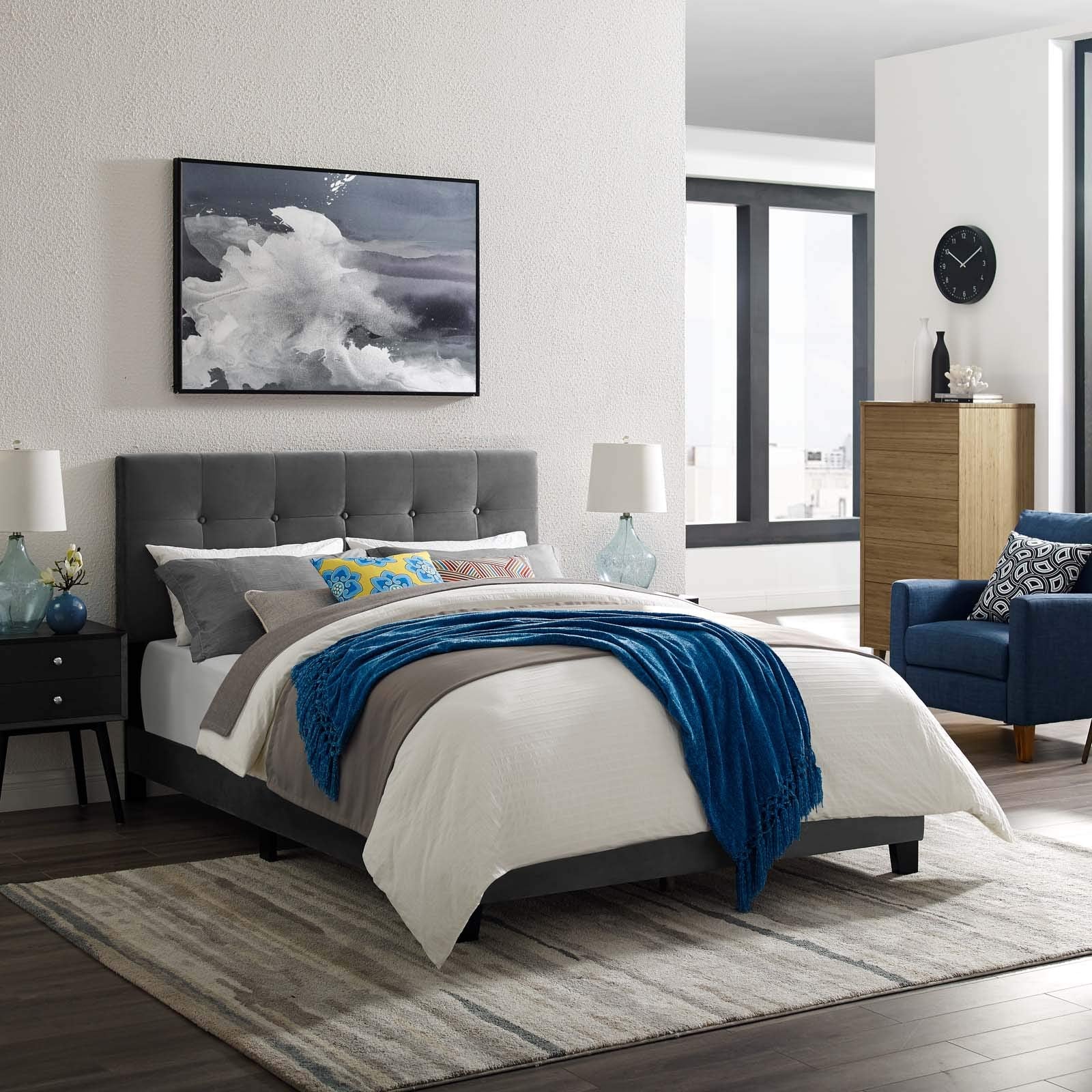 Amira Tufted Performance Velvet Upholstered Twin Bed in Gray