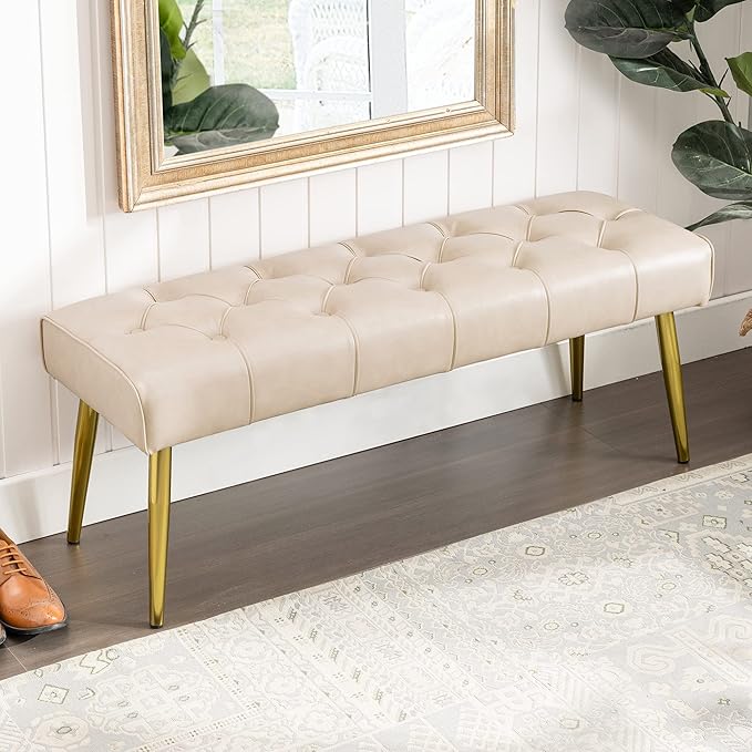 Button-Tufted Ottoman Bench, 44.5'' Faux Leather Upholstered Bedroom Bench, Padded Entryway Bench, End of Bed Bench with Metal Legs, for Decorative, Living Room, Dining Room, Yellowish Brown