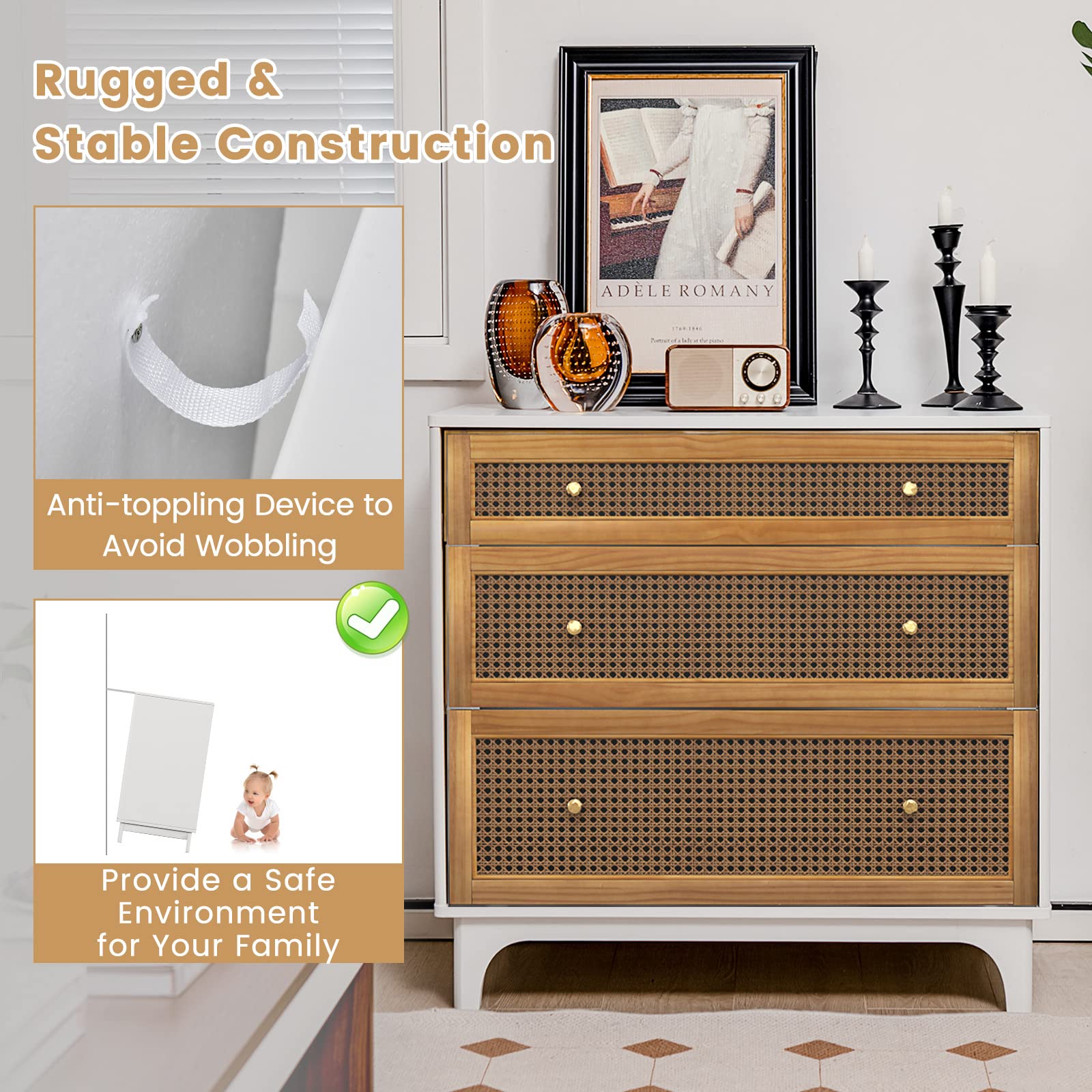 3-Drawer Dresser Chest for Bedroom - Storage Chest of Drawers with Anti-toppling