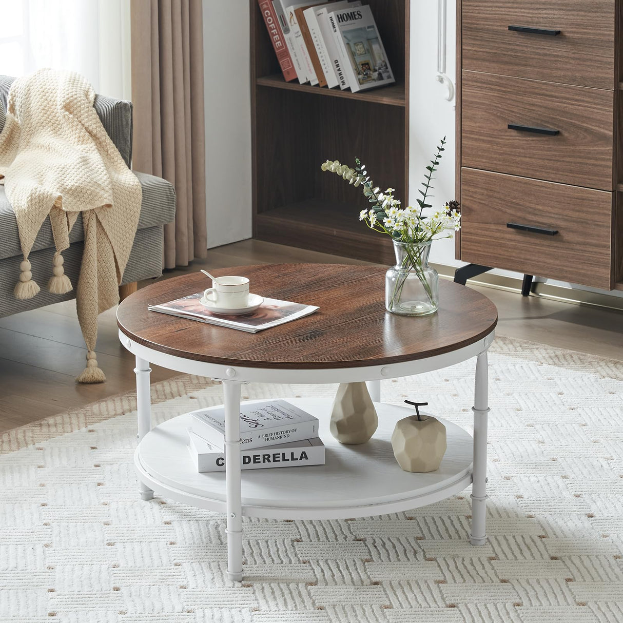 31.5" Rustic Oak White Wood Round Farmhouse Coffee Table, 2-Tier Storage Wood Center