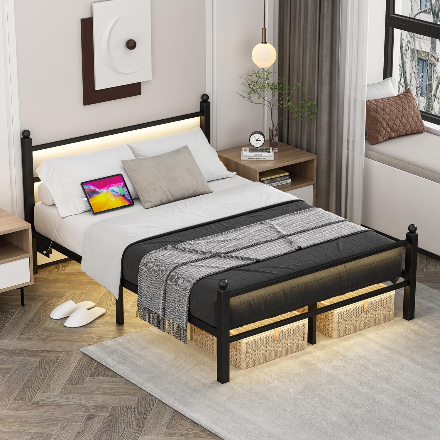 Full Size Metal Bed Frame with LED Lights & Charging Station - White