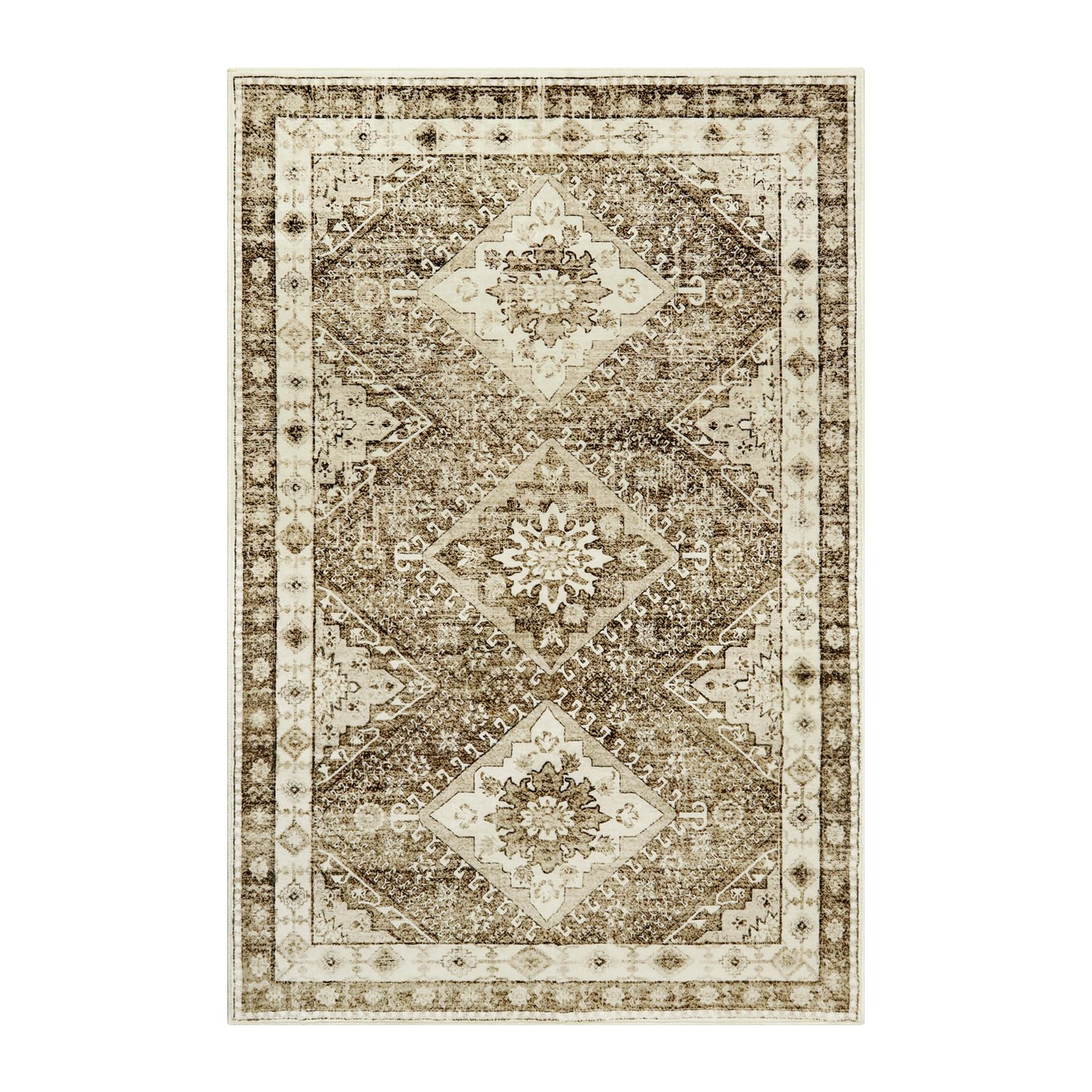 Vintage Washable Rug for Living Room, 4x6 Traditional Non Slip Area Rug, Khaki Soft Non
