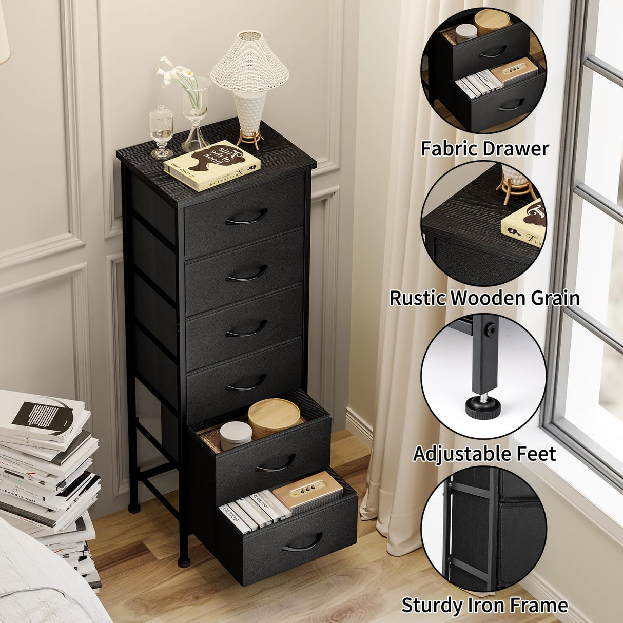 Black Tall Dresser for Bedroom, Storage Dresser Organizer with 6 Fabric Drawers