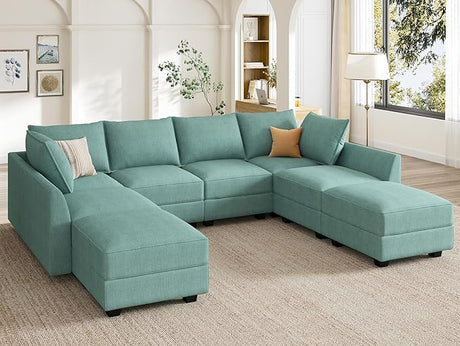 Orage U Shape Corner Sectional Sofa Set, Aqua Blue