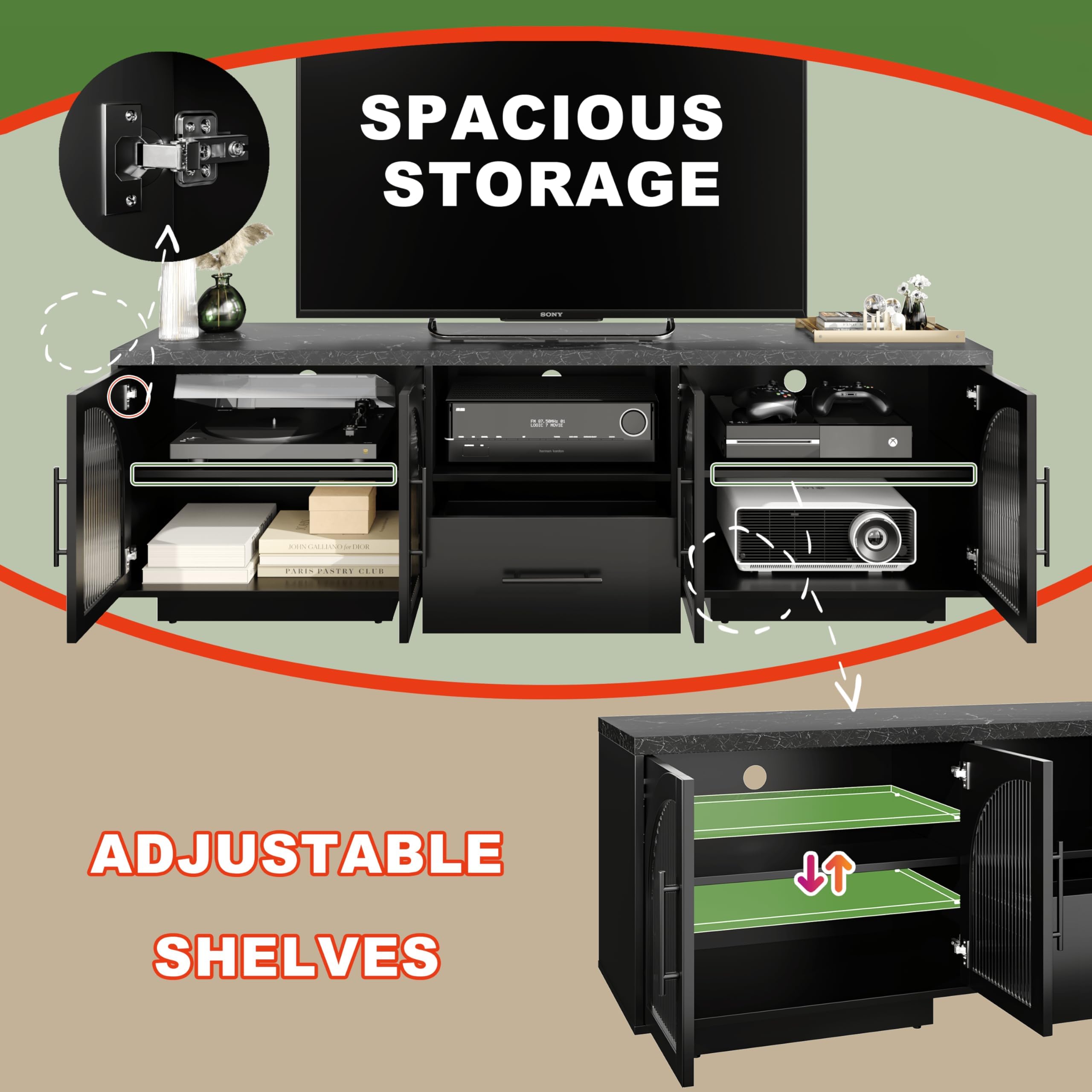 70" TV Stand with LED Lights & Glass Doors