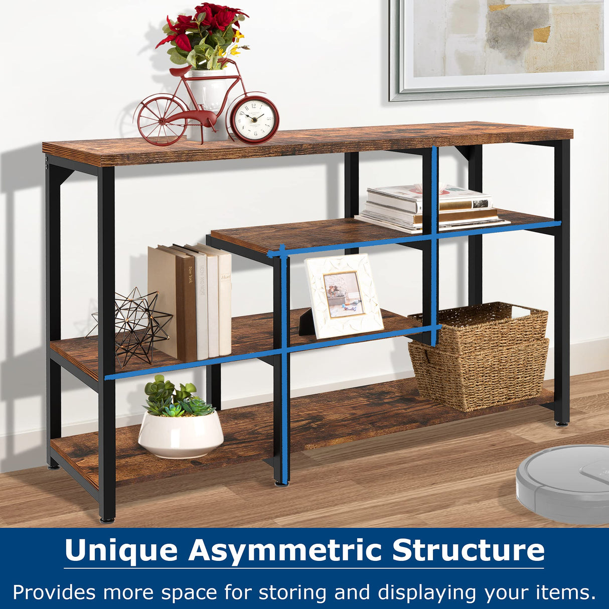 4-Tier Console Table, Industrial Narrow Long Sofa Table with Open Storage Shelves for Living Room,