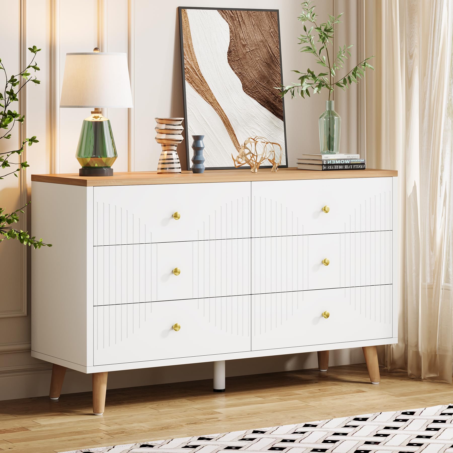 6 Drawer Dresser, 47 inch Modern White Dresser for Bedroom