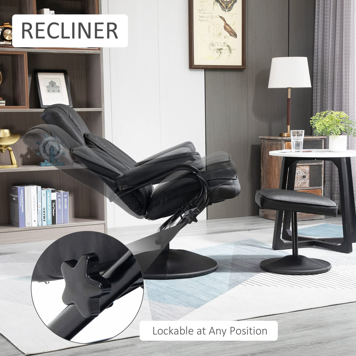 Swivel Recliner, Manual PU Leather Armchair with Ottoman Footrest for Living Room,