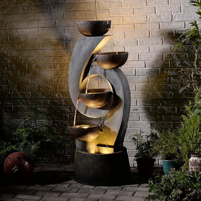 6-Tier Water Fountains Outdoor - 52.8 Inch Large Patio Waterfall with Lights, Garden
