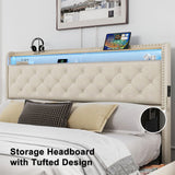 King Size Bed Frame with LED Lights & USB Charging Station, Velvet Upholstered Platform