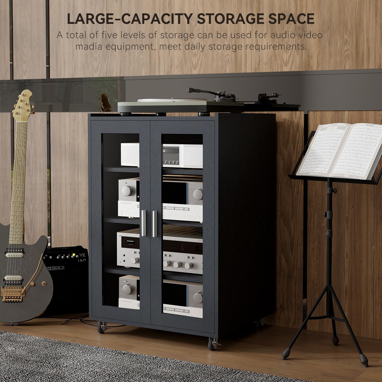 ELECWISH Stereo Cabinet, Media Storage Cabinet, Audio-Video Media Stand with 4 Height-Adjustable Shelves, AV Cabinet Audio Rack with Glass Doors for Meeting, Living, Recording Room