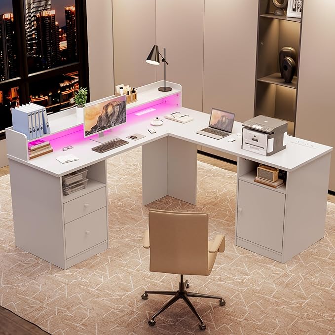Shaped Desk with LED Lights & Power Outlets, 60" Corner Computer Desk