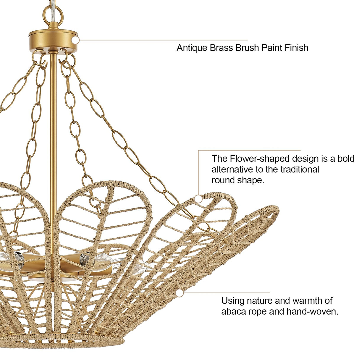 29" Natural Rattan Chandelier, with Boho Woven Wicker Flower Shade Antique Brass