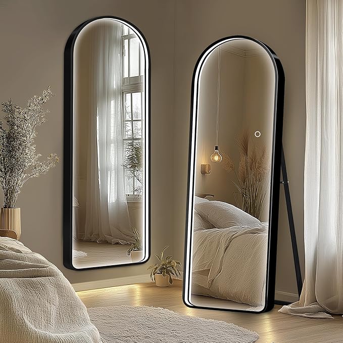 Full Length Mirror with LED Lights, Floor Mirror with Stand Wall Mounted Hanging Mirror
