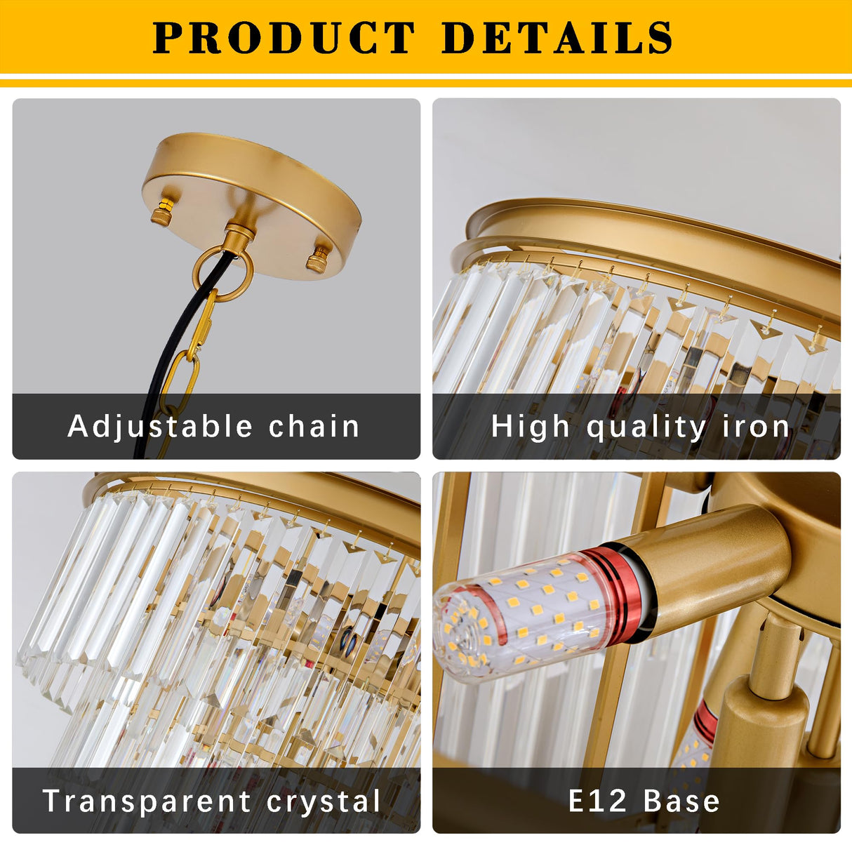 15.7" Gold Crystal Chandelier,Modern 3-Tier K9 Crystal Pendant Lights 6-Light Luxury