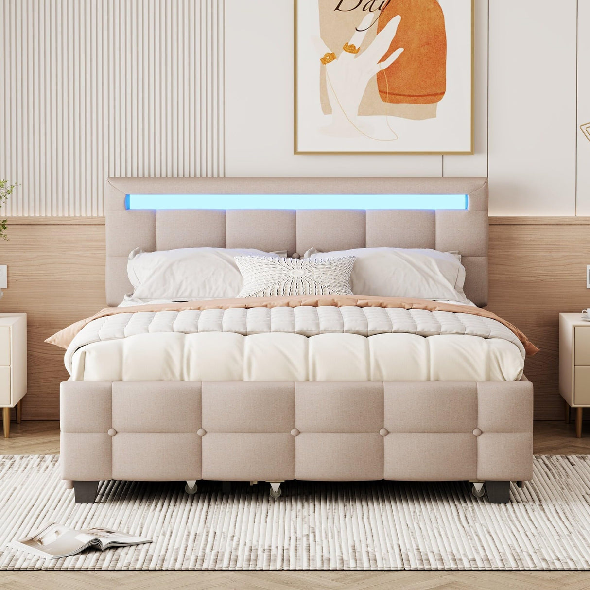 Bed with LED Frame Beige - Queen