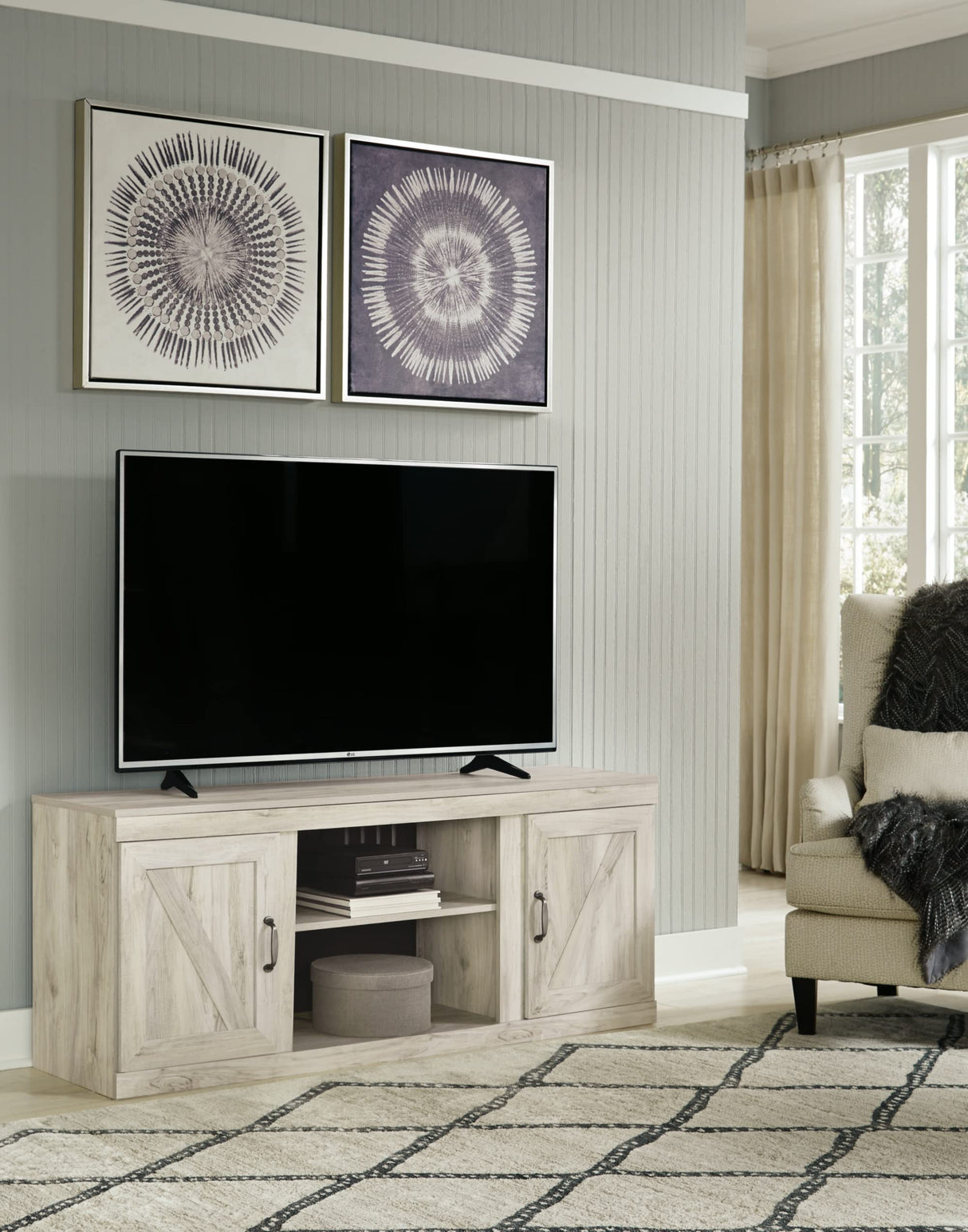 Bellaby Farmhouse Large TV Stand up to 60" with 3 Adjustable Shelves and Fireplace