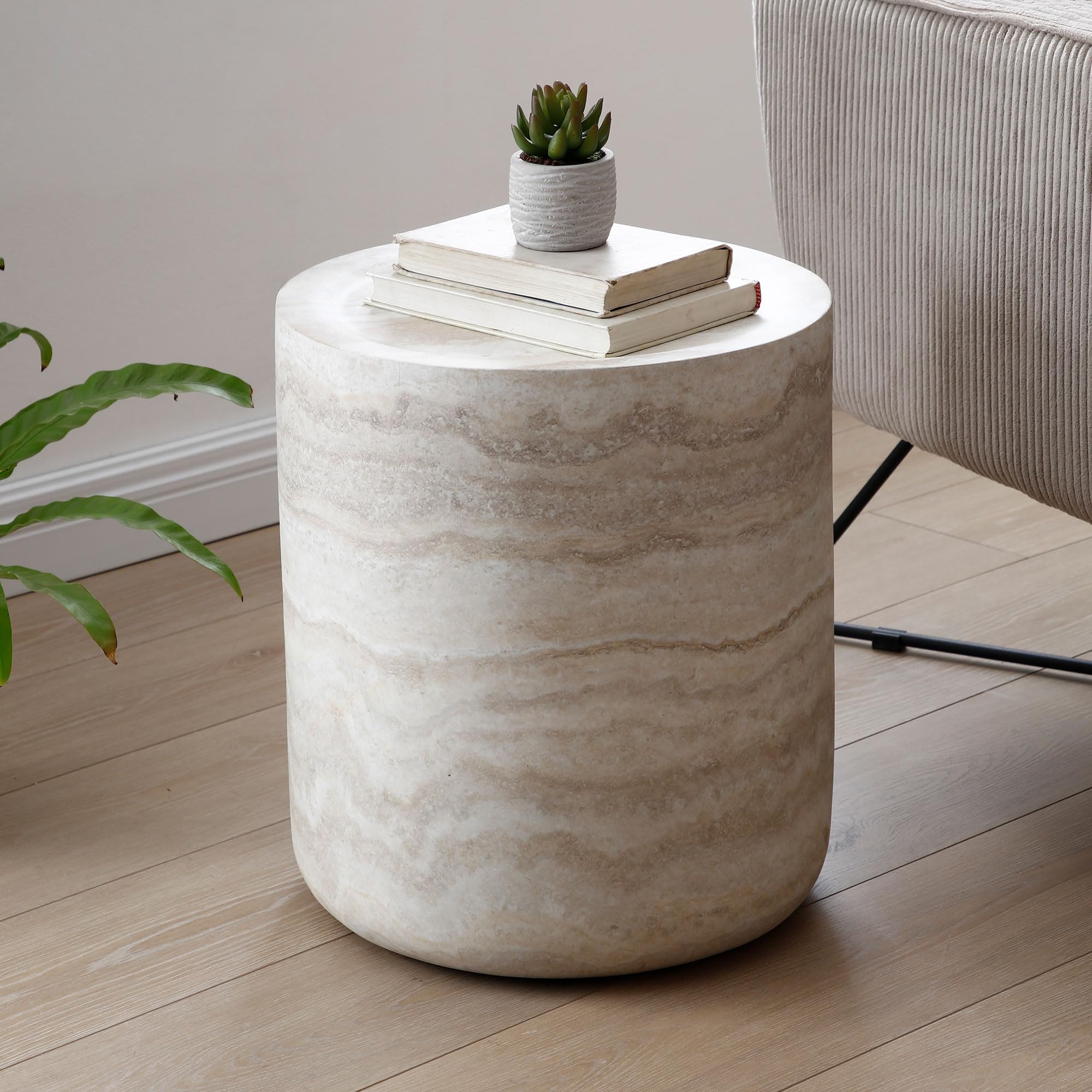 HanStrong Small Round Coffee Table 15.74" Side Table Marble Pattern Drum Shaped End Table Fiberglass Cocktail Table for Living Room Bedroom Office
