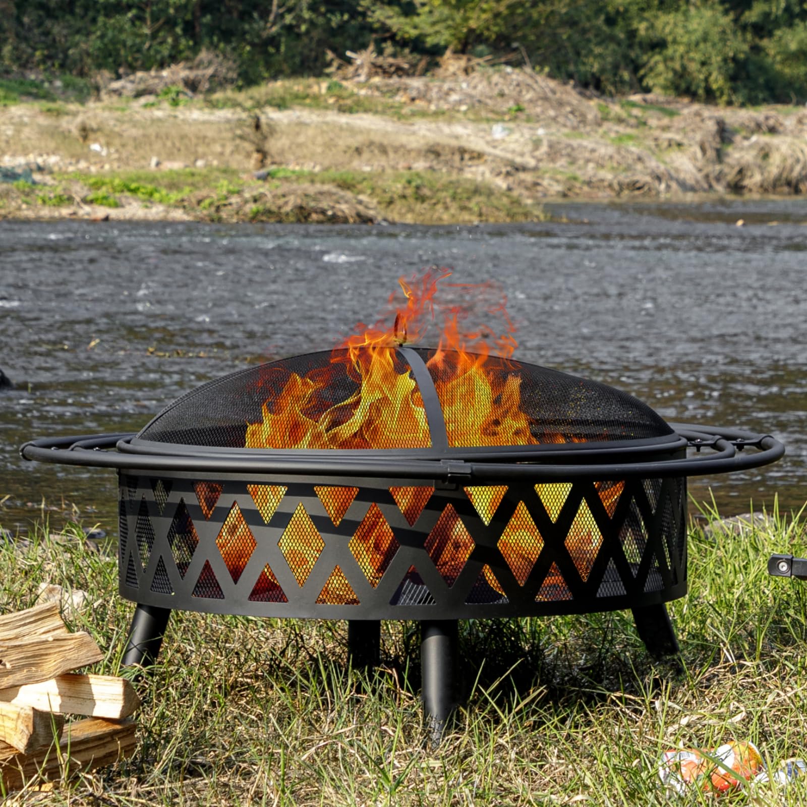 EcoNook 42 Inch Wood Burning Fire Pit with 2 Loops, Outdoor Fire Pit with Spark Screen & Fire Poker, Cross Weave Firepit for Outside Fireplace Bonfire for Yard,Patio, Garden - Bircata