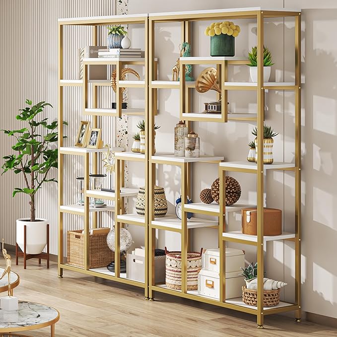 71" Gold Etagere Bookshelf, Modern 11-Tier Tall Open Display Bookcase Bookshelves, Free